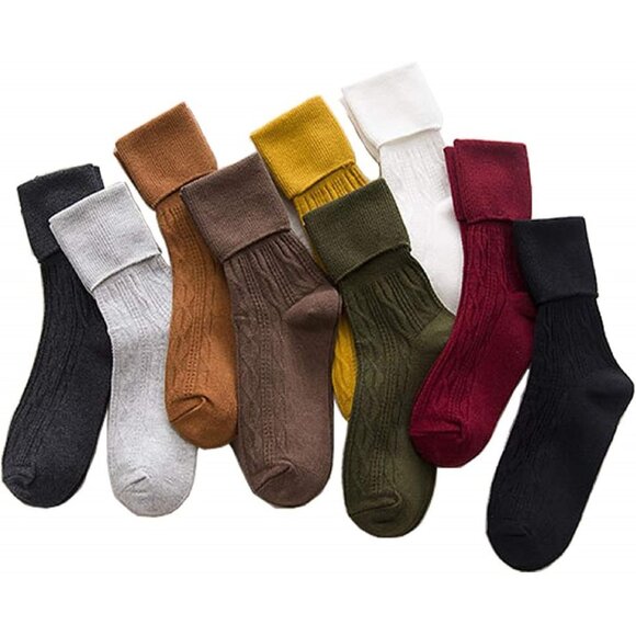 🆕 Women Brown Crew Socks Cotton Knit Soft Turn 9 Pairs Various Colors Flanging - Picture 2 of 6